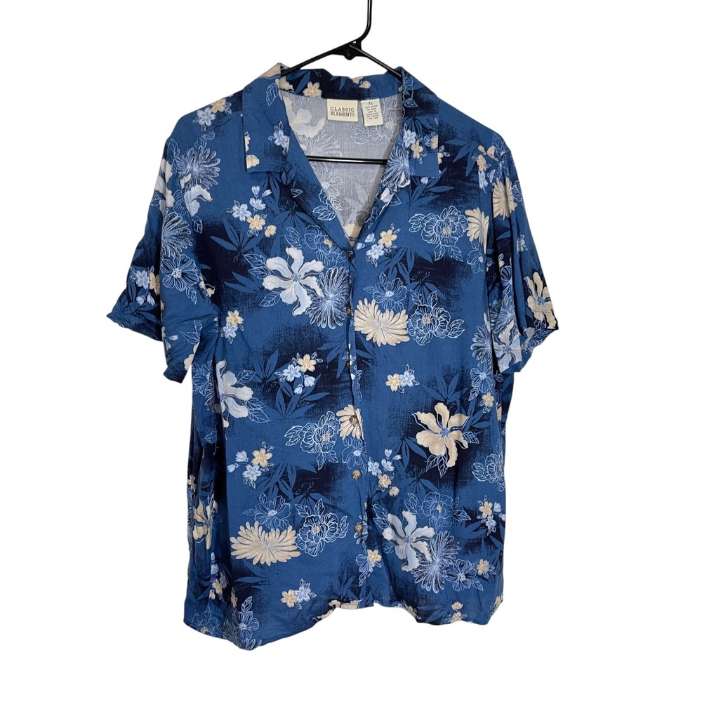 Classic Elements XL Blue Floral Button Down Shirt Camp Collar Rayon Tropical - Picture 2 of 7